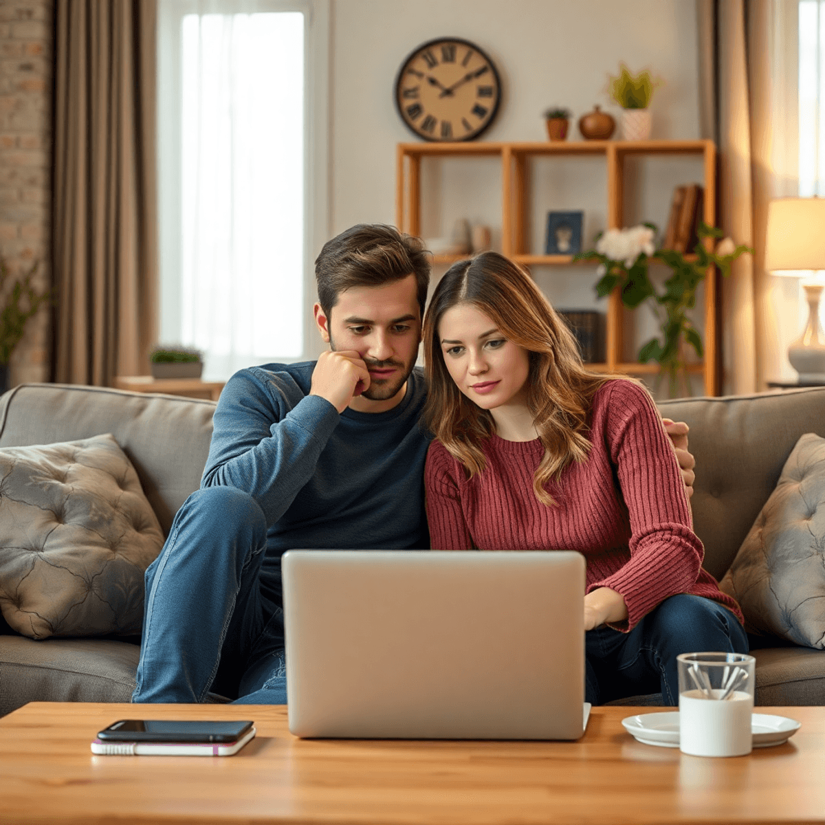 Et par som sitter hjemme og deltar i parterapi nett via laptop