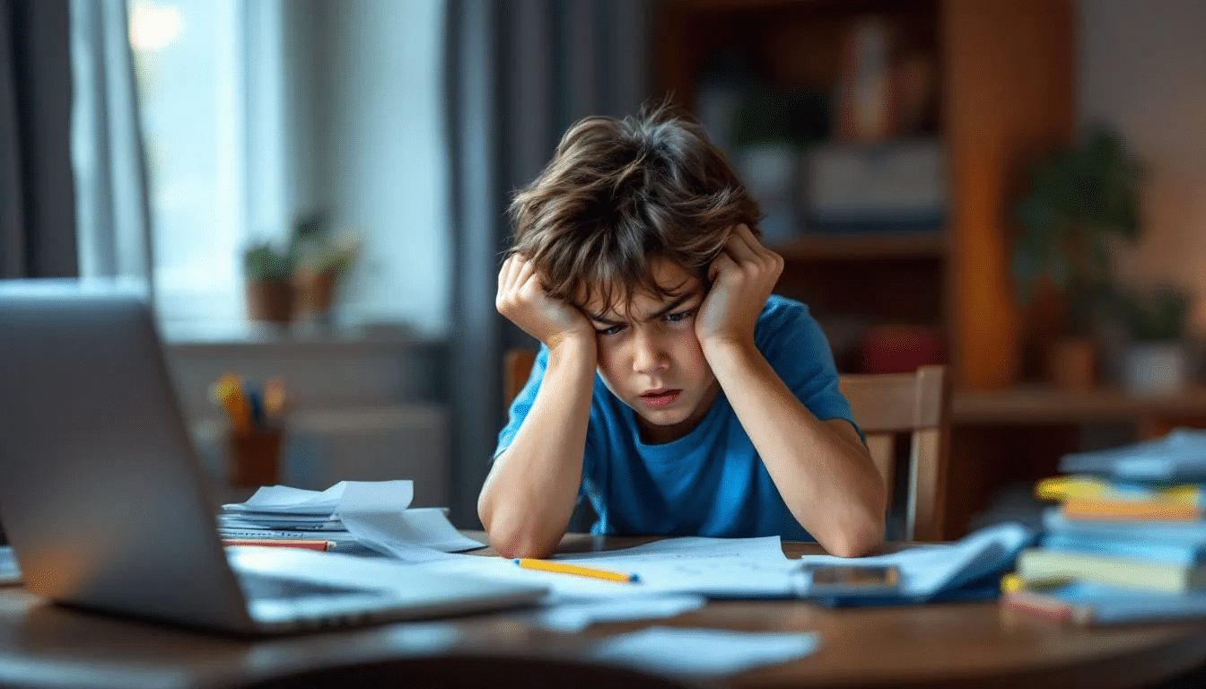 Et barn med adhd sitter ved leksebordet, ser frustrert ut mens det prøver å konsentrere seg om oppgavene, men blir lett distrahert. Foreldrene ser på, klare til å gi hjelp og støtte for å gjøre lekser til en bedre opplevelse for barnet.