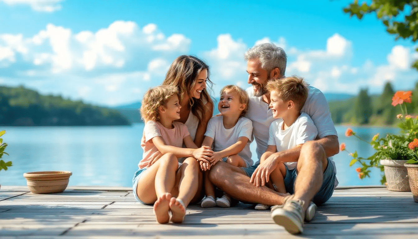 I et koselig rom sitter en familie samlet, hvor foreldrene og barna nyter en rolig stund sammen. De smiler og ser ut til å ha det gøy, noe som gir en følelse av trygghet og tilhørighet, viktig for familier med barn med adhd.