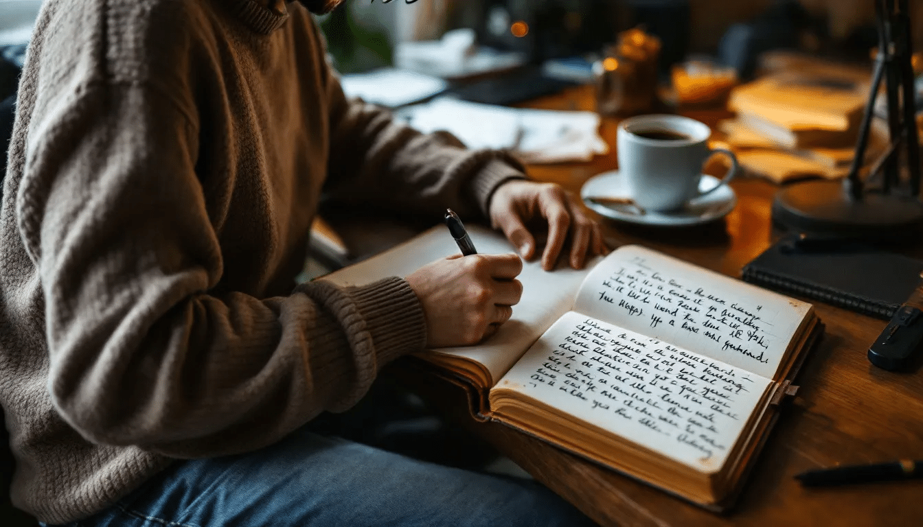 En person sitter ved et bord, dypt konsentrert mens de skriver i en dagbok. Dette øyeblikket av mindfulness gir dem muligheten til å håndtere stress og reflektere over følelsene sine, noe som er en viktig del av livet og egen selvmedfølelse.